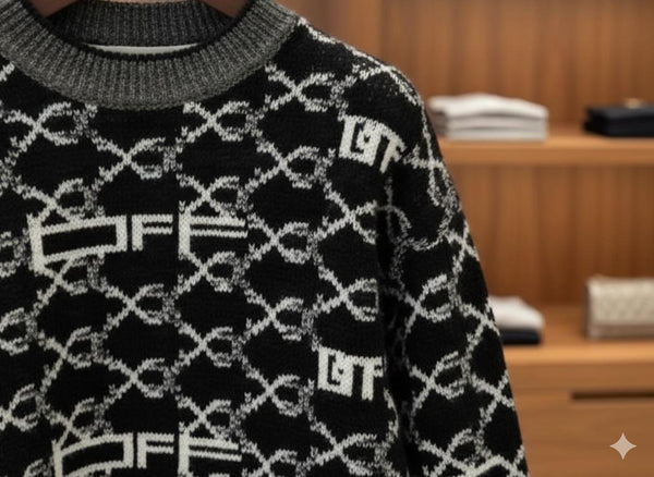 Luxury Black & White Patterned Winter Knit Sweater For Woman