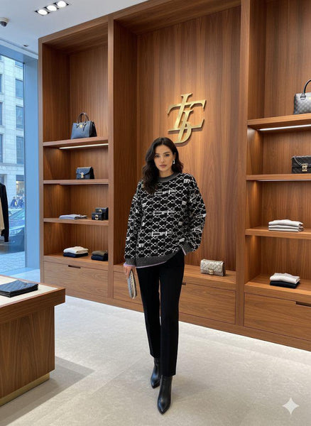 Luxury Black & White Patterned Winter Knit Sweater For Woman