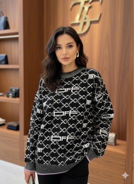 Luxury Black & White Patterned Winter Knit Sweater For Woman