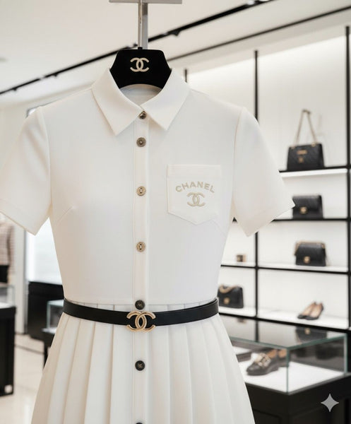 Elegant White Button-Down Pleated Shirt Dress with Logo Belt