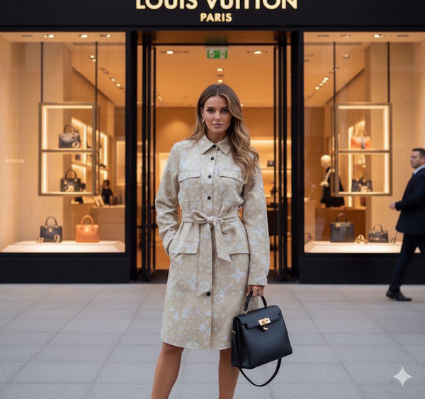 Designer Inspired Beige Monogram Shirt Dress with Waist Tie