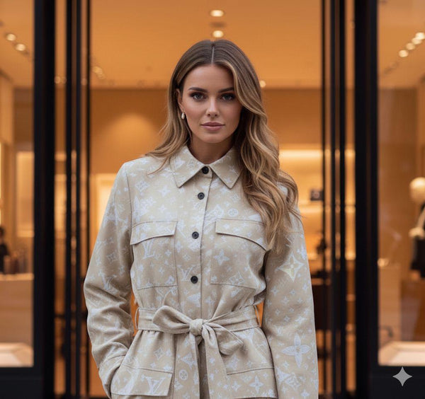 Designer Inspired Beige Monogram Shirt Dress with Waist Tie