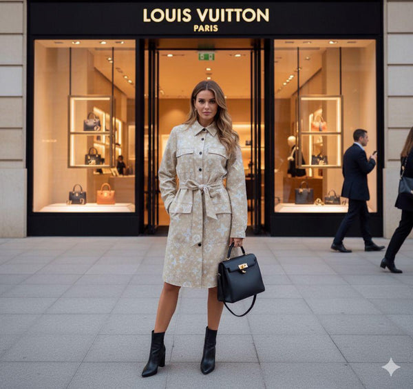 Designer Inspired Beige Monogram Shirt Dress with Waist Tie