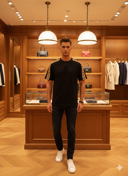 Premium  GG Interlocking Stripe Cream/Black Drop Shoulder  T-Shirt