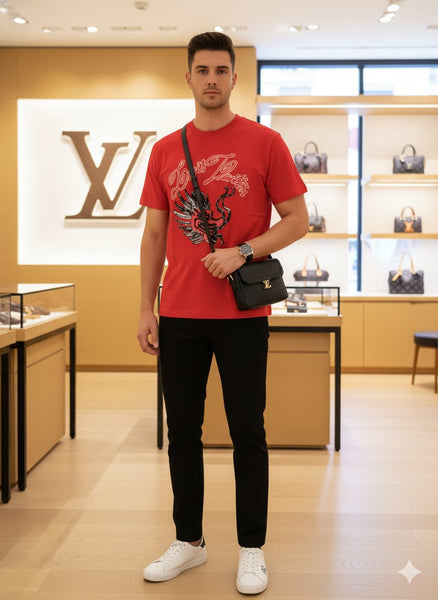 Premium  Dragon Face Red Drop Shoulder Tee