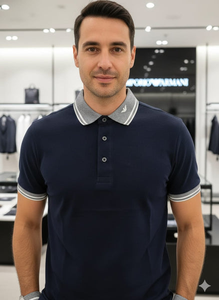 Navy Blue Classic Polo T-Shirt with Contrast Collar