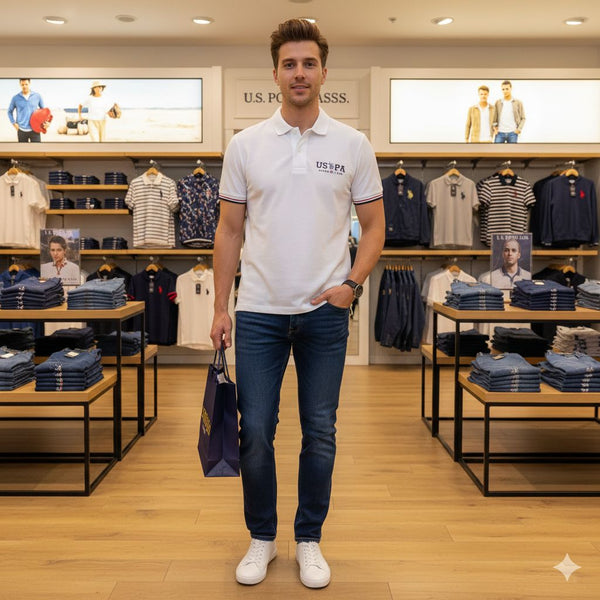 Men’s White Polo T-Shirt with Chest Logo & Contrast Sleeve Stripes