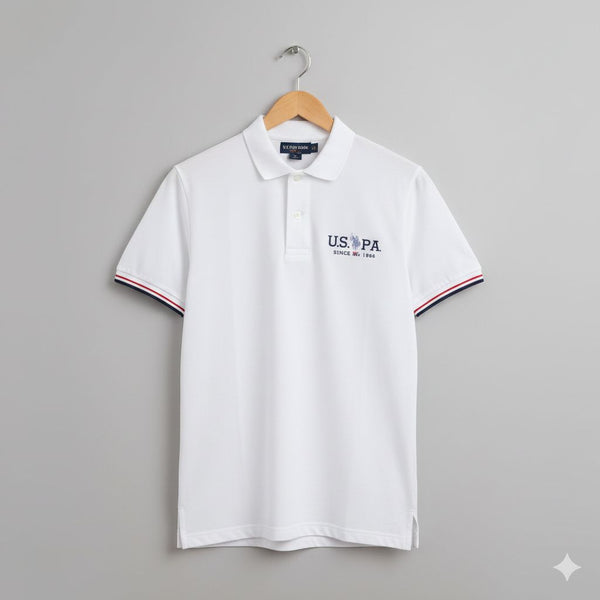 Men’s White Polo T-Shirt with Chest Logo & Contrast Sleeve Stripes