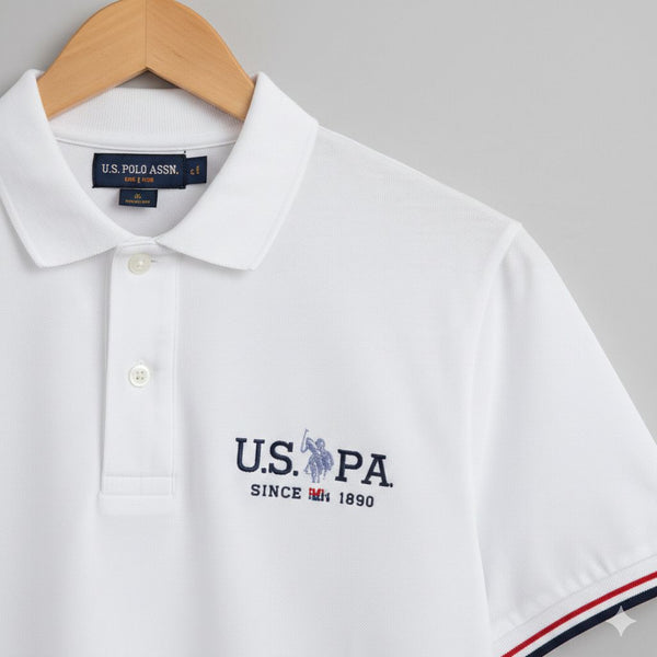 Men’s White Polo T-Shirt with Chest Logo & Contrast Sleeve Stripes