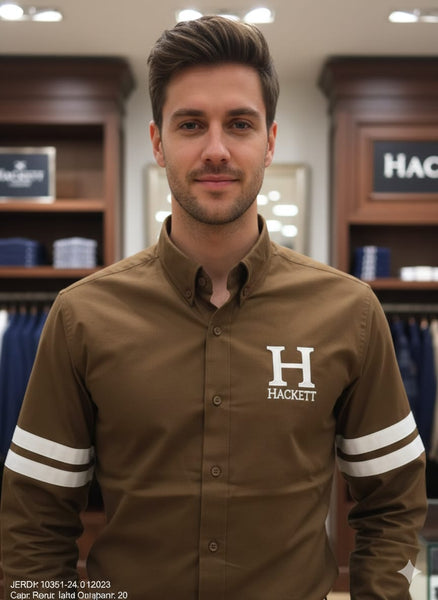 Men’s Premium Brown Casual Shirt with Button-Down Collar & Sleeve Stripes