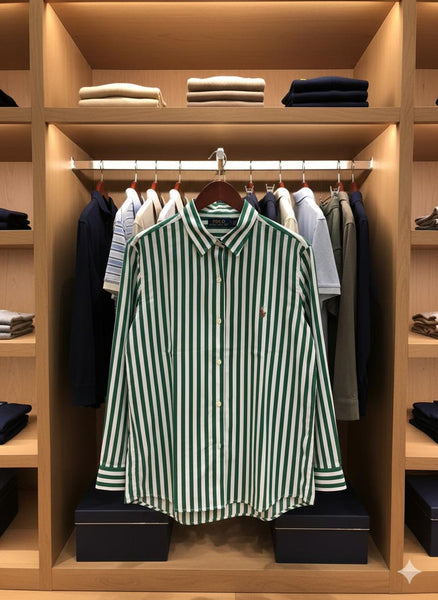 Women’s Green & White Vertical Striped Cotton Shirt  Classic Fit
