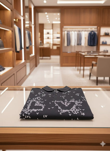 Luxury Black Polo T-Shirt with All-Over Brand  Monogram Print