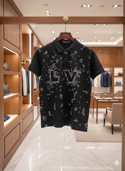 Luxury Black Polo T-Shirt with All-Over Brand  Monogram Print