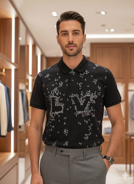 Luxury Black Polo T-Shirt with All-Over Brand  Monogram Print