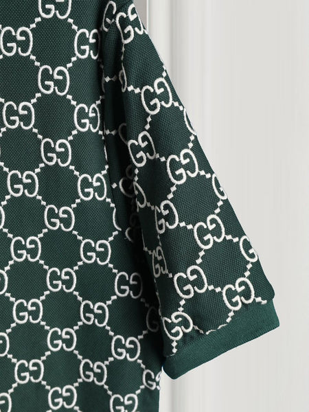 Premium Green Monogram Polo T-Shirt Designer Style, Classic Collar, Regular Fit