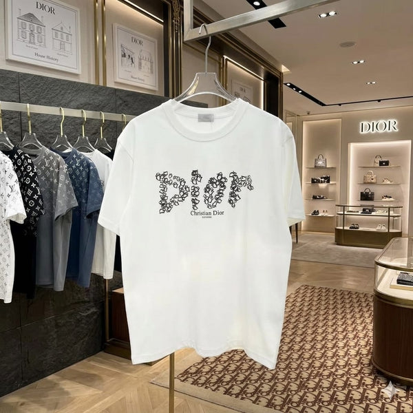 Elegant Floral Logo White Drop Shoulder T-Shirt Luxury Casual Style