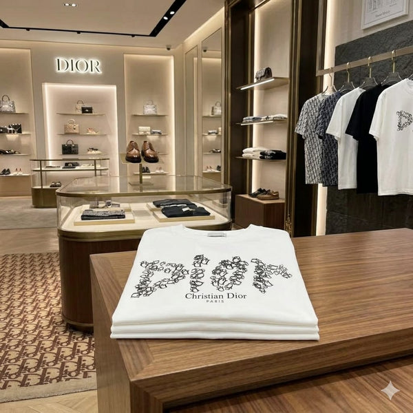 Elegant Floral Logo White Drop Shoulder T-Shirt Luxury Casual Style