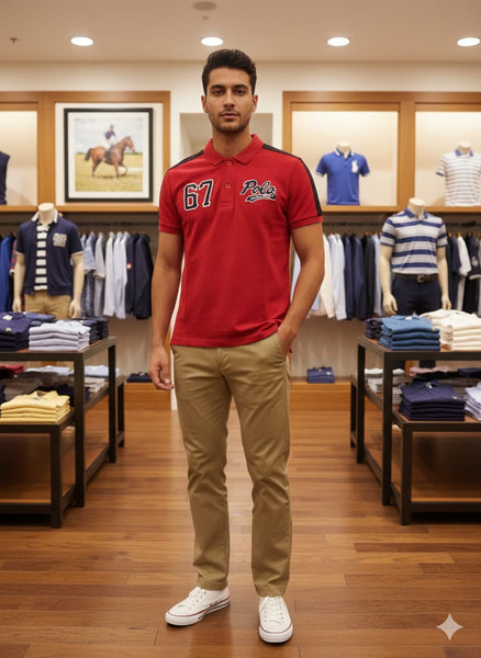 Men Style Polo T-Shirt – Red Edition with 67 Patch