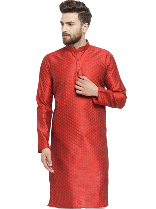 Embellished Brocade Kurta in Red By Treemoda