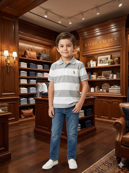 Kids Premium Grey & White Striped Polo T-Shirt  Classic Everyday Style