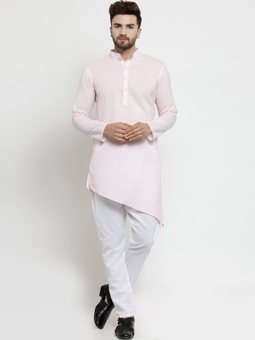 Designer Pink Linen Kurta With Aligarh Pajama For Men By Treemoda