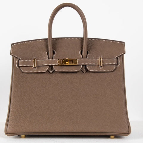 Elegant Taupe Leather Structured Handbag with Gold-Tone Hardware