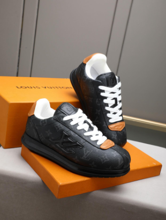 Premium  Black Monogram Low-Top Sneakers with Gold Accent