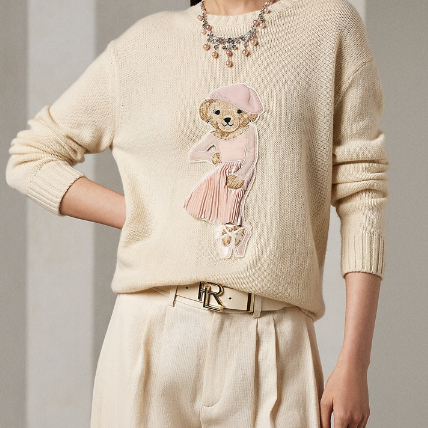 Women’s Cream Knit Sweater with Cute Teddy Embroidery