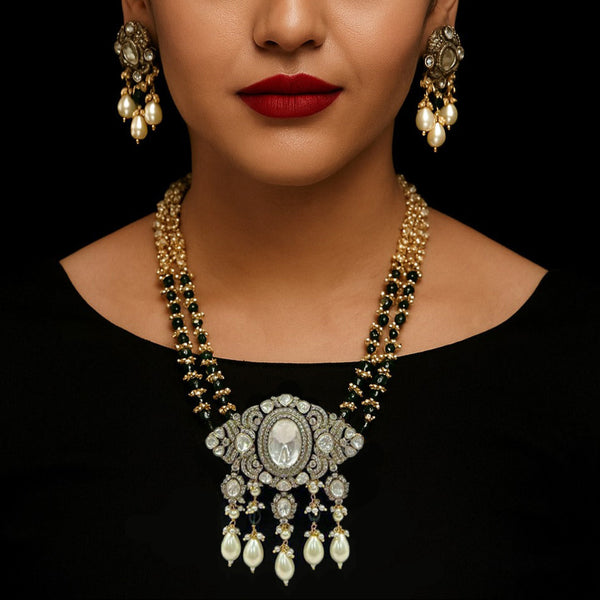 Regal Moissanite Polki Long Necklace Set with Pearl & Green Bead Detailing
