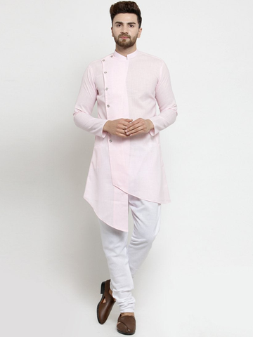 Designer Pink Linen Kurta With Chudidar Pajama For Men By Treemoda