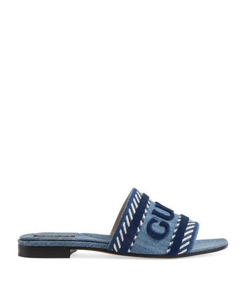 Luxury Women's Blue Script Denim Sandal