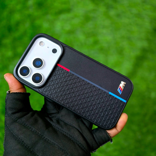 BMW Tricolor Stripe Metal Logo Case For iPhone 17 Series Premium Leather Grip & Sleek Protection Case