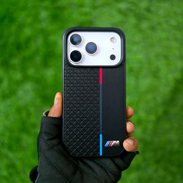 BMW Tricolor Stripe Metal Logo Case For iPhone 17 Series Premium Leather Grip & Sleek Protection Case