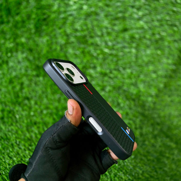 BMW Tricolor Stripe Metal Logo Case For iPhone 17 Series Premium Leather Grip & Sleek Protection Case