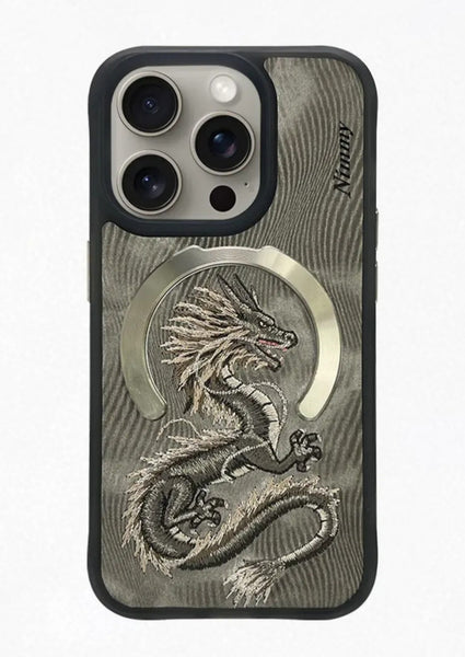 NIMMY 3D Embroidered Fantasy Animal Series Golden Dragon Leather Magsafe Case For iPhone 15 Series