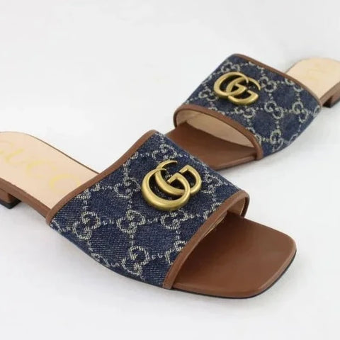 Women's Blue Denim GG Slide Flat Sandal