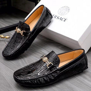 Men Black Greca Croc-Embossed Loafers