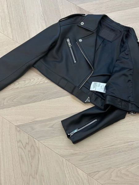 Branded Cropped Cur Black Leather Jacket