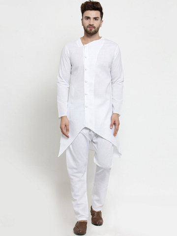 Designer White Linen Kurta With Aligarh Pajama For Men By Treemoda