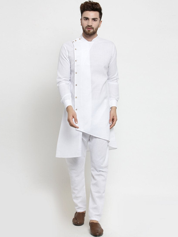 Designer White Linen Kurta With Aligarh Pajama For Men By Treemoda