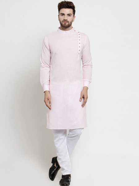 Designer Pink Linen Kurta With Aligarh Pajama For Men By Treemoda
