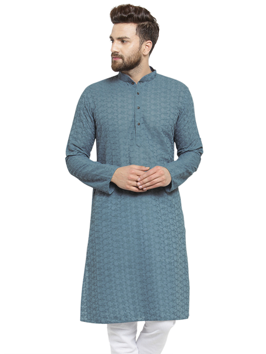 Grey Cotton Chikankari Lucknowi Jaal Embroidered Kurta By Treemoda