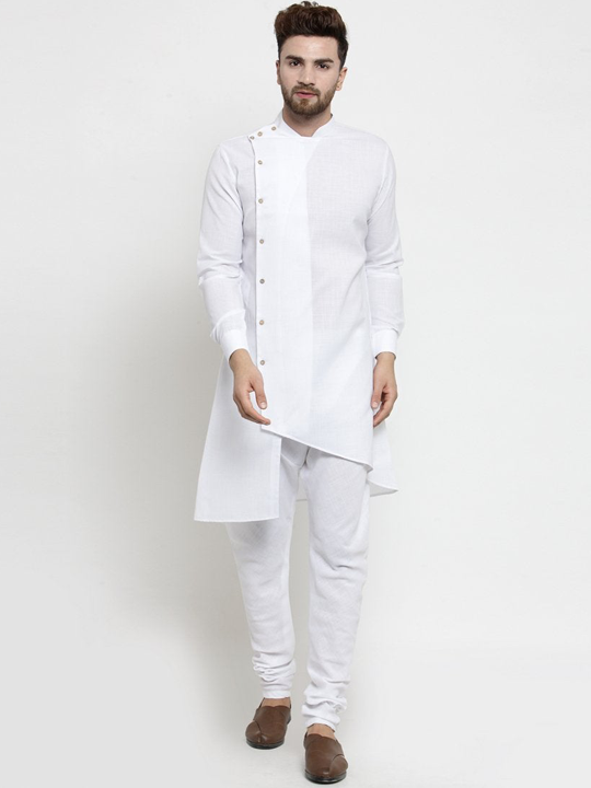 Designer White Linen Kurta With Chudidar Pajama For Men By Treemoda