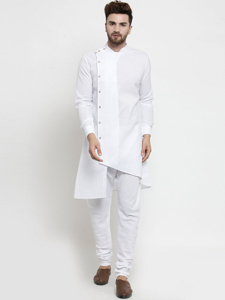 Designer White Linen Kurta With Chudidar Pajama For Men By Treemoda