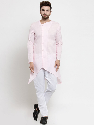 Designer Pink Linen Kurta With Aligarh Pajama For Men By Treemoda