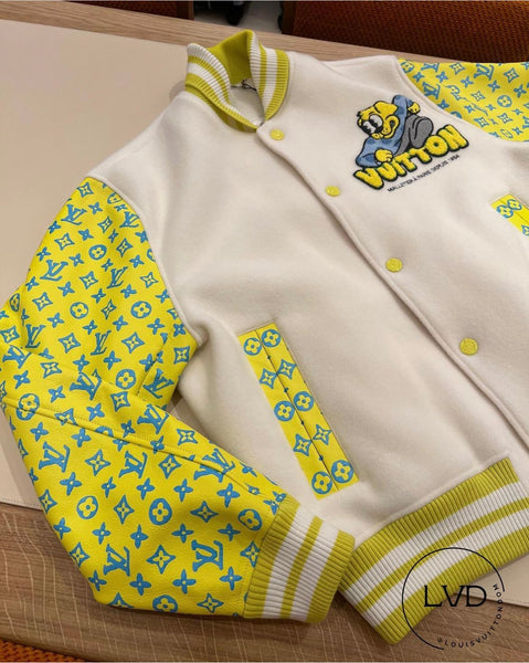 White & Yellow Monogram Sleeve Varsity Jacket