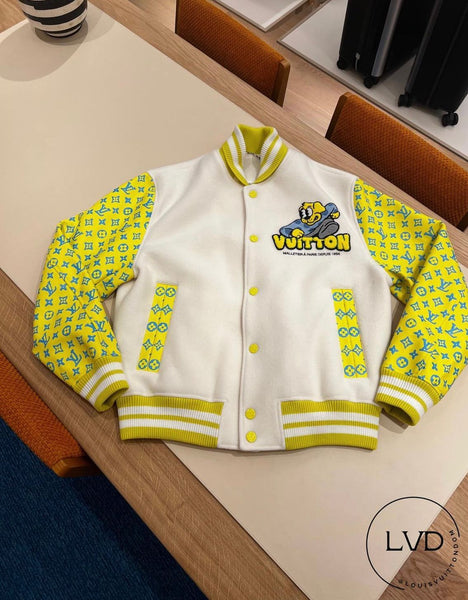 White & Yellow Monogram Sleeve Varsity Jacket