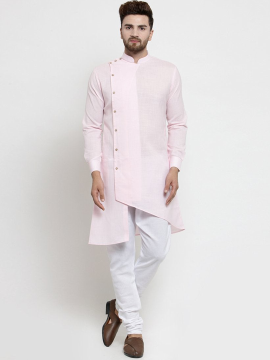 Designer Pink Linen Kurta With Chudidar Pajama For Men By Treemoda