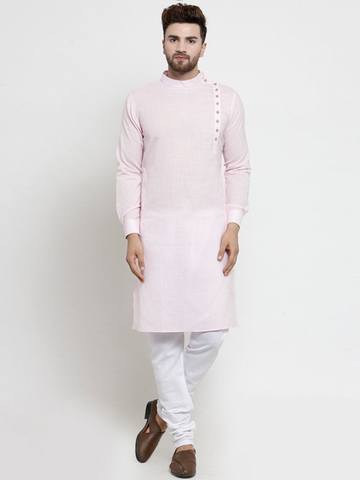 Designer Pink Linen Kurta With Chudidar Pajama For Men By Treemoda