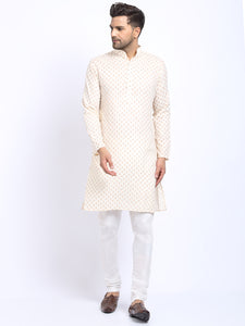Printed Cream Cotton Kurta with Churidar Pajama by Treemoda